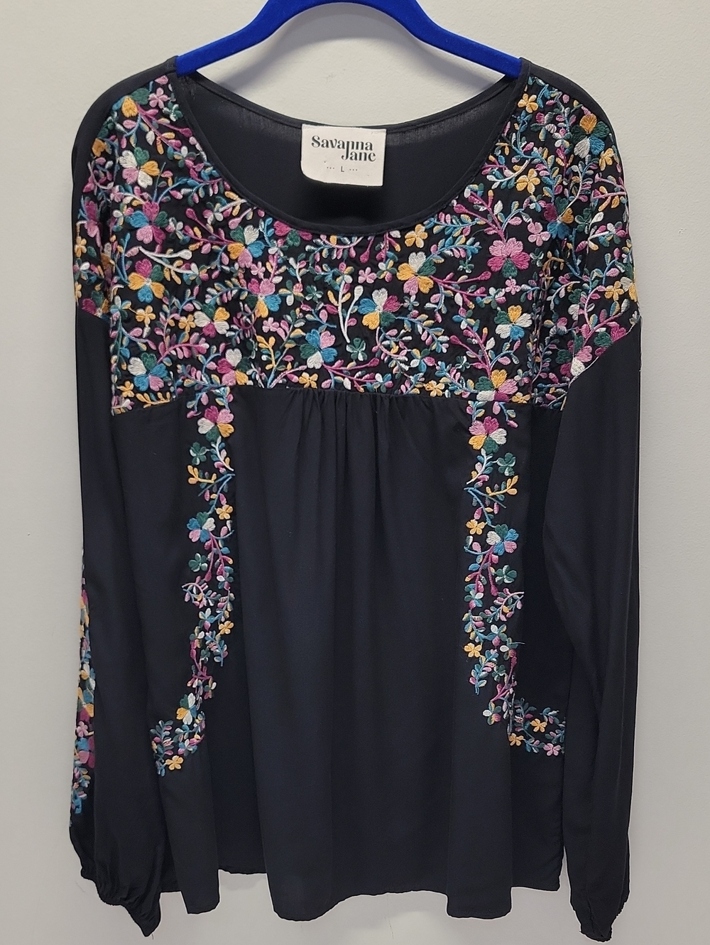 Savanna Jane Black Colorful Floral Embroidered Long-Sleeve Tunic Sz Large - Picture 2 of 16